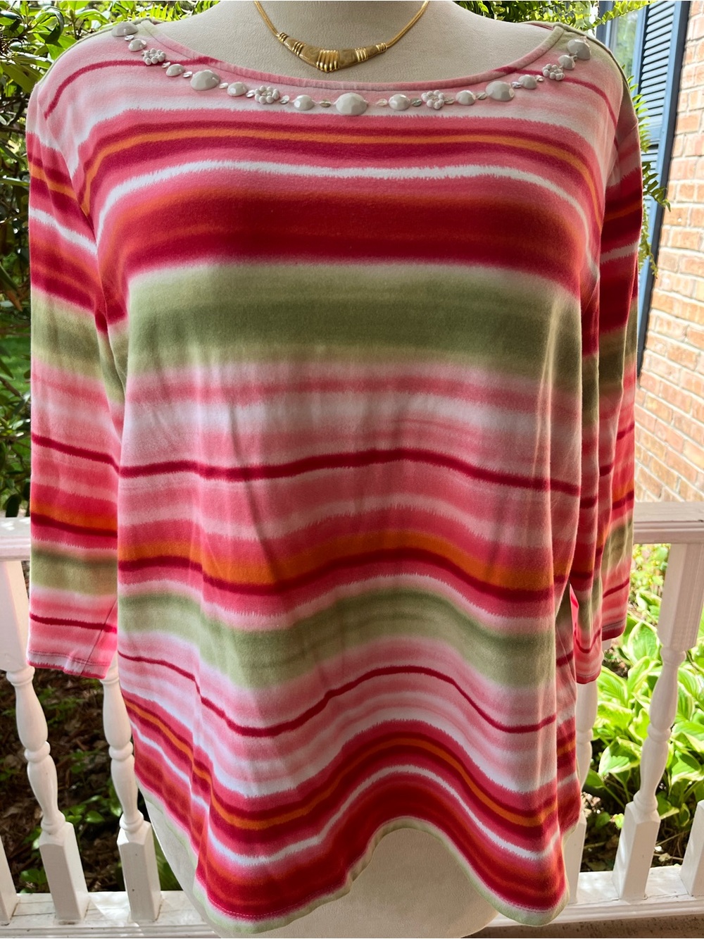 Ruby Rd Woman 2X Pink Beaded Striped Top Y2K Retro Dopamine Dressing